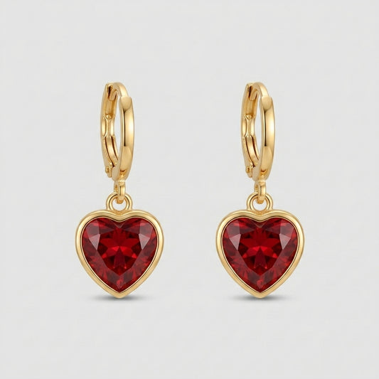 Gold Ruby Heart Drop Earrings