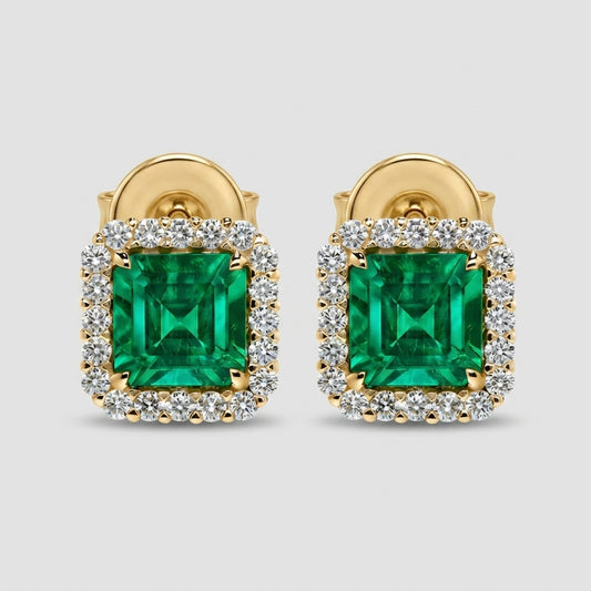 Gold Emerald Square Halo Stud Earrings