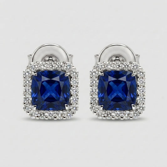 Silver Sapphire Halo Stud Earrings