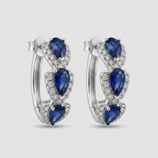 Silver Sapphire Halo Hoop Earrings