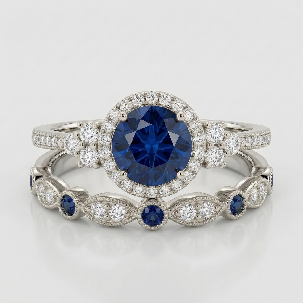 Silver Sapphire Halo Ring