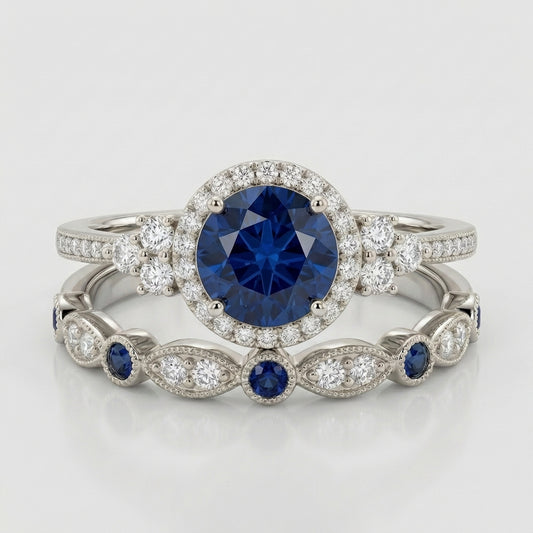 Silver Sapphire Halo Ring