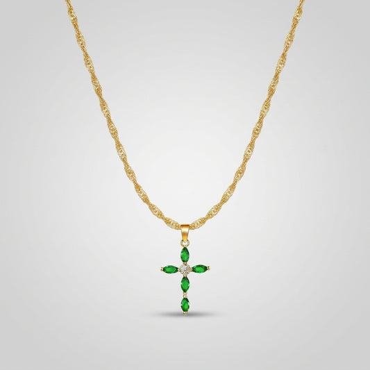 Gold Emerald Marquise Cross Necklace